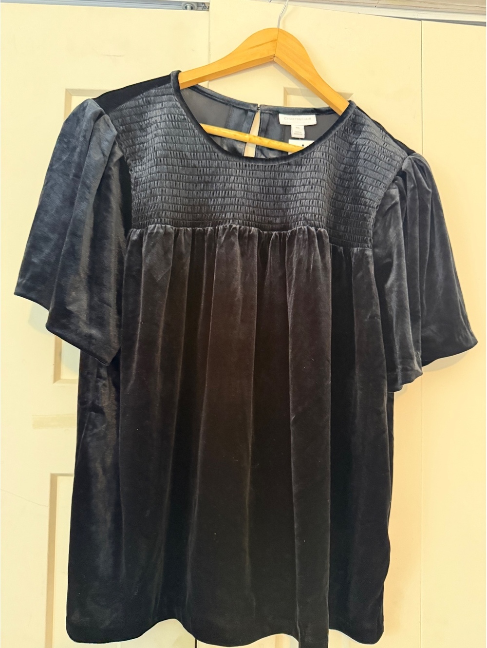 NEW* Charter Club Black Velvet Smocked Bodice short sleeve Top blouse XXLarge